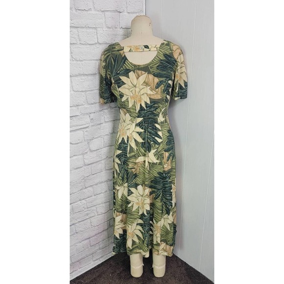 90s Hawaiian safari Shift princess cut Dress maxi Large Leaf Print Size M/L - Picture 5 of 5